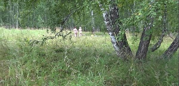  Voyeur spying on lesbians in nature. BBW with a big butt and her slender girlfriend with a hairy cunt wash in a clearing after sexual fun. Amateur fetish.